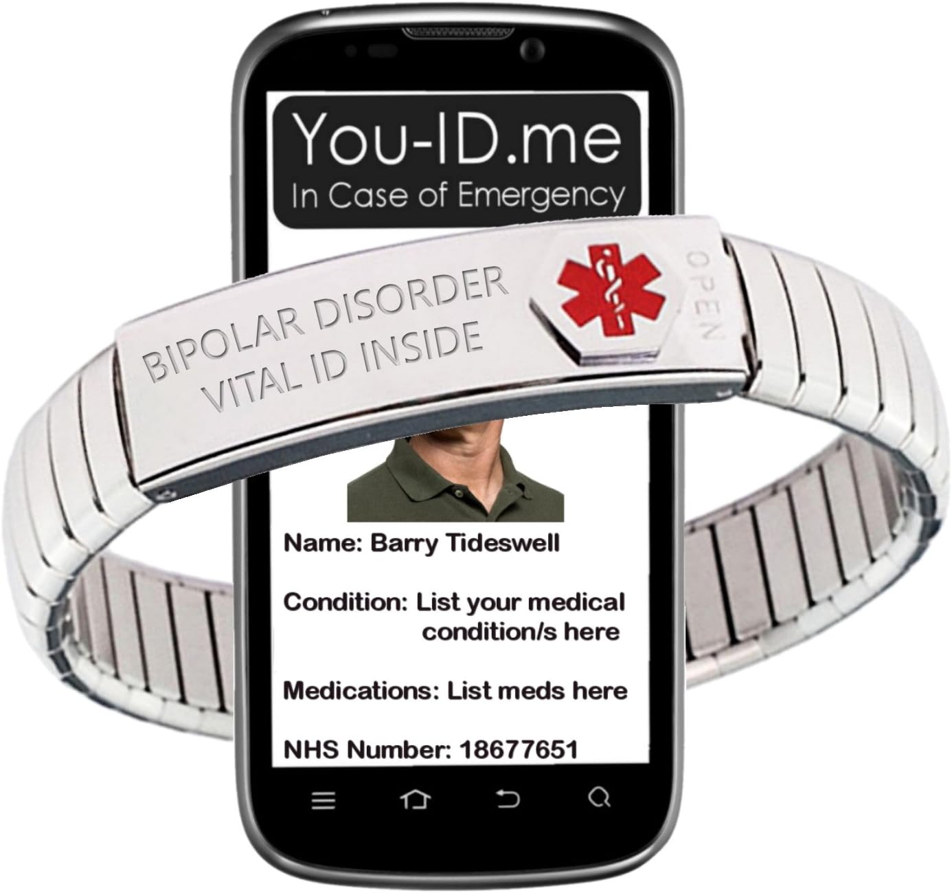 You ID MeBipolar disorder medical alert bracelet. Expandable stainless steel enclosure with 100% waterproof insert card. Fully updateable. Works with www.You-ID.me emergency ID alert service