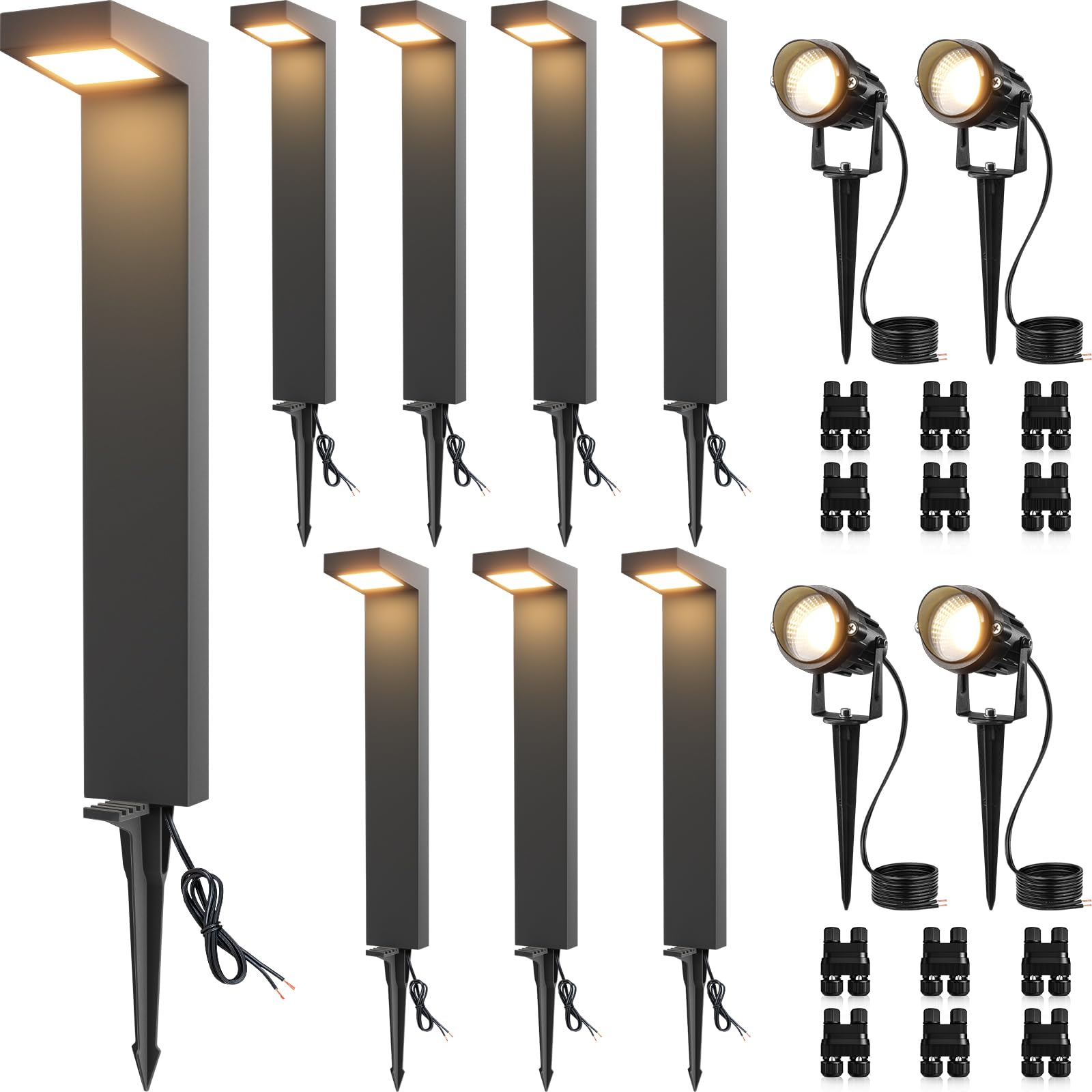 Photo 1 of SUNVIE LED Low Voltage Landscape Lighting Kit Outdoor Waterproof Low Voltage Pathway Lights Wired with Spotlights 3000K Modern Outdoor Landscape Lights with Connectors for Path Yard Garden, 12 Pack