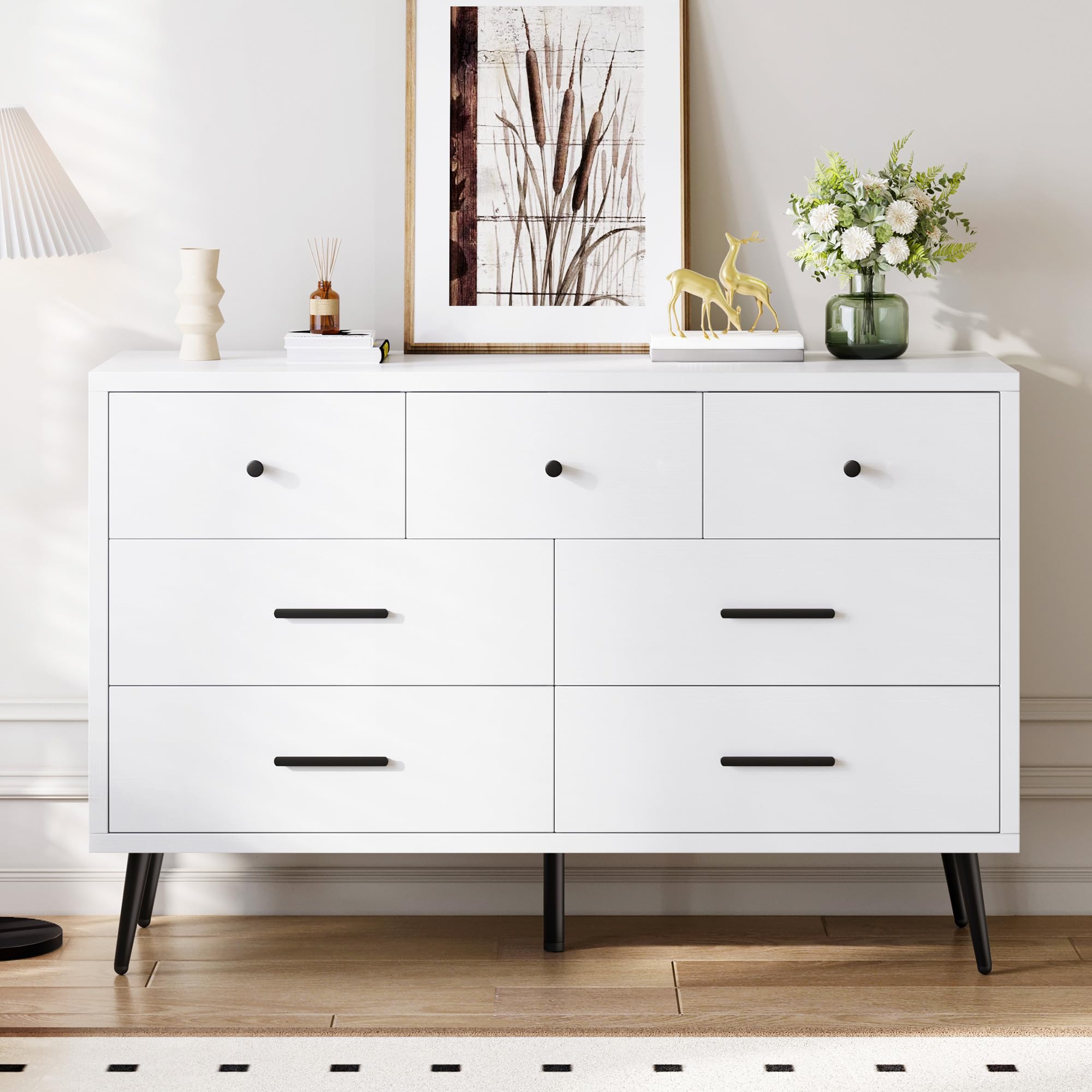 Photo 1 of DWVO White 7 Drawer Dresser, 47" W Large Double Dresser Chest of Drawers, Modern Wood Storage Organizer with Black Metal Handles & Anti-Tipping Device for Hallway, Entryway