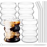 Tessco for you 4 Pcs Creative Glass Cups Vintage Drinking Glasses Ribbed Glassware Aesthetic Cup Entertainment Dinnerware Glassware with Straws Set for Kitchen Coffee Beverage(13.5 oz,Clear)