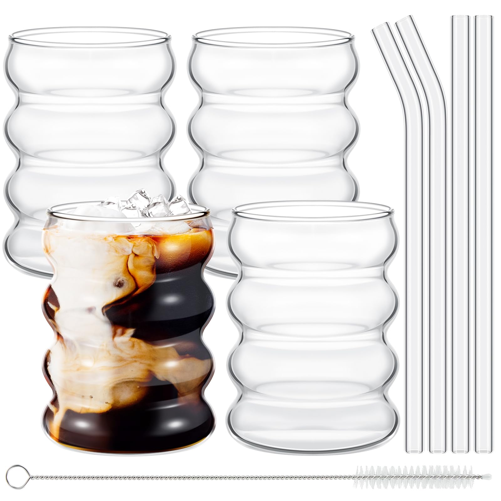 Photo 1 of **TWO ONLY** Tessco for you 4 Pcs Creative Glass Cups Vintage Drinking Glasses Ribbed Glassware Aesthetic Cup Entertainment Dinnerware Glassware with Straws Set for Kitchen Coffee Beverage(13.5 oz,Clear)