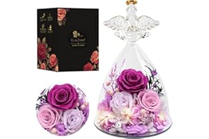 Casaido Christmas Rose Gifts for Women, 7" Purple Preserved Roses Flowers in Glass Angel Figurine, Birthday Gift for Mom Wife Grandma, Eternal Rose for Mothers Day Valentines Anniversary
