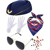Bencailor 7 Pcs Women Flight Attendant Costume Accessories | Halloween Stewardess Outfits Flight Attendant Hat with Sunglasses Gloves Scarf Badge, Airline Party, Halloween Costume Kit