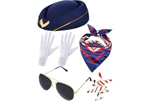Bencailor 7 Pcs Christmas Women Flight Attendant Costume Accessories Stewardess Outfits Bellhop Hat Scarf Sunglasses Gloves