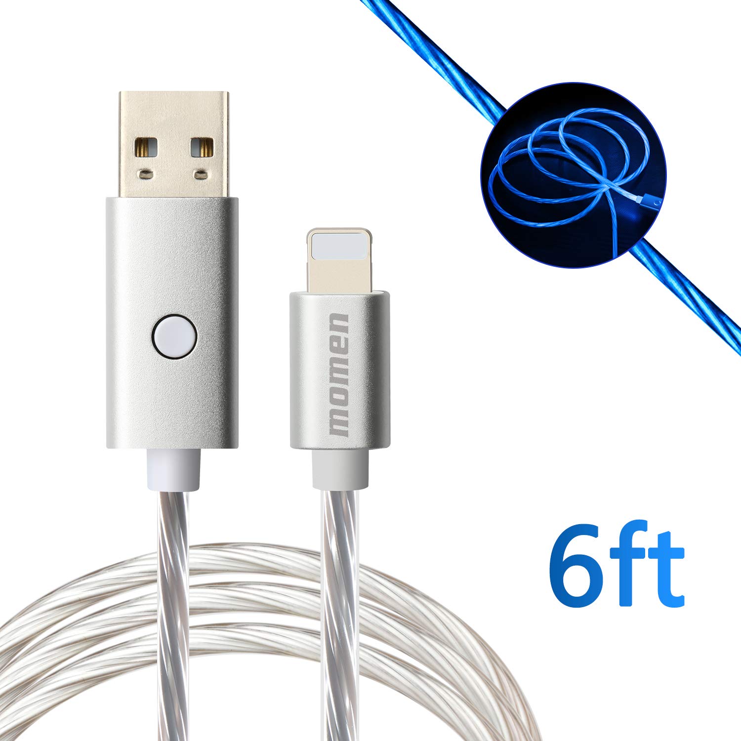 Led Phone Charging Cable 6ft/2M Compatible for Phone XR/X/8/7/6S Plus/SE/Pad More,Momen Fast & LED Flowing Light Charging Cord (Blue Light)