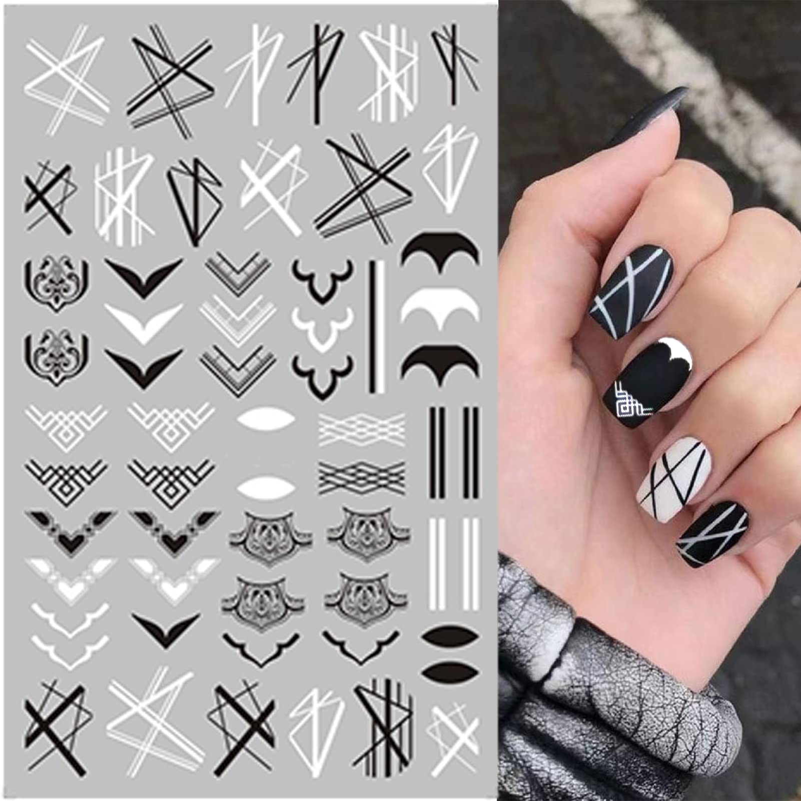 10 Sheets Black White Geometric Nail Art Stickers Decals 3D Self-Adhesive DIY Geometry Triangular Rhombus Minimalist Design Acrylic Nails Supplies Manicure Decorations Tip for Women Men - Image 4