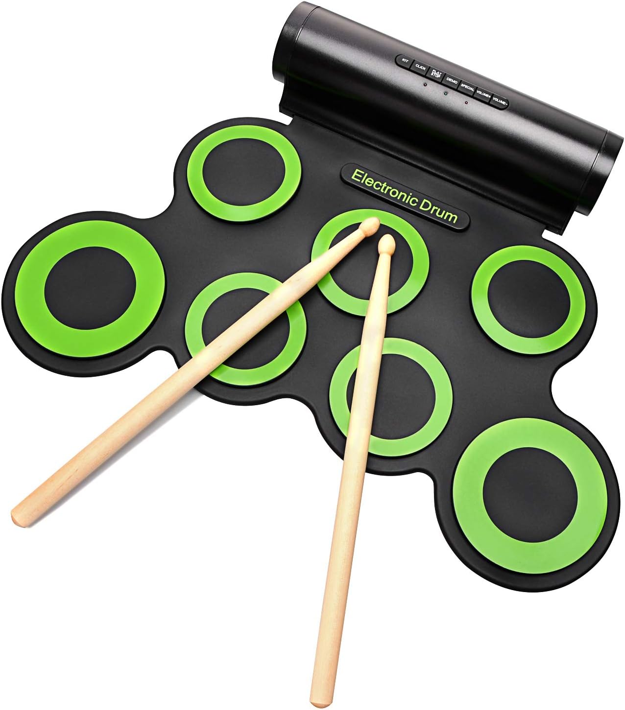 roboller Set, Portable Electronic Built-In Speaker (DC Powered) -Digital Roll-Up Touch 7 Labeled Pads and 2 Foot Pedals, Midi Drum Up to 10H Playing Time, Holiday Gift for Kids, 3