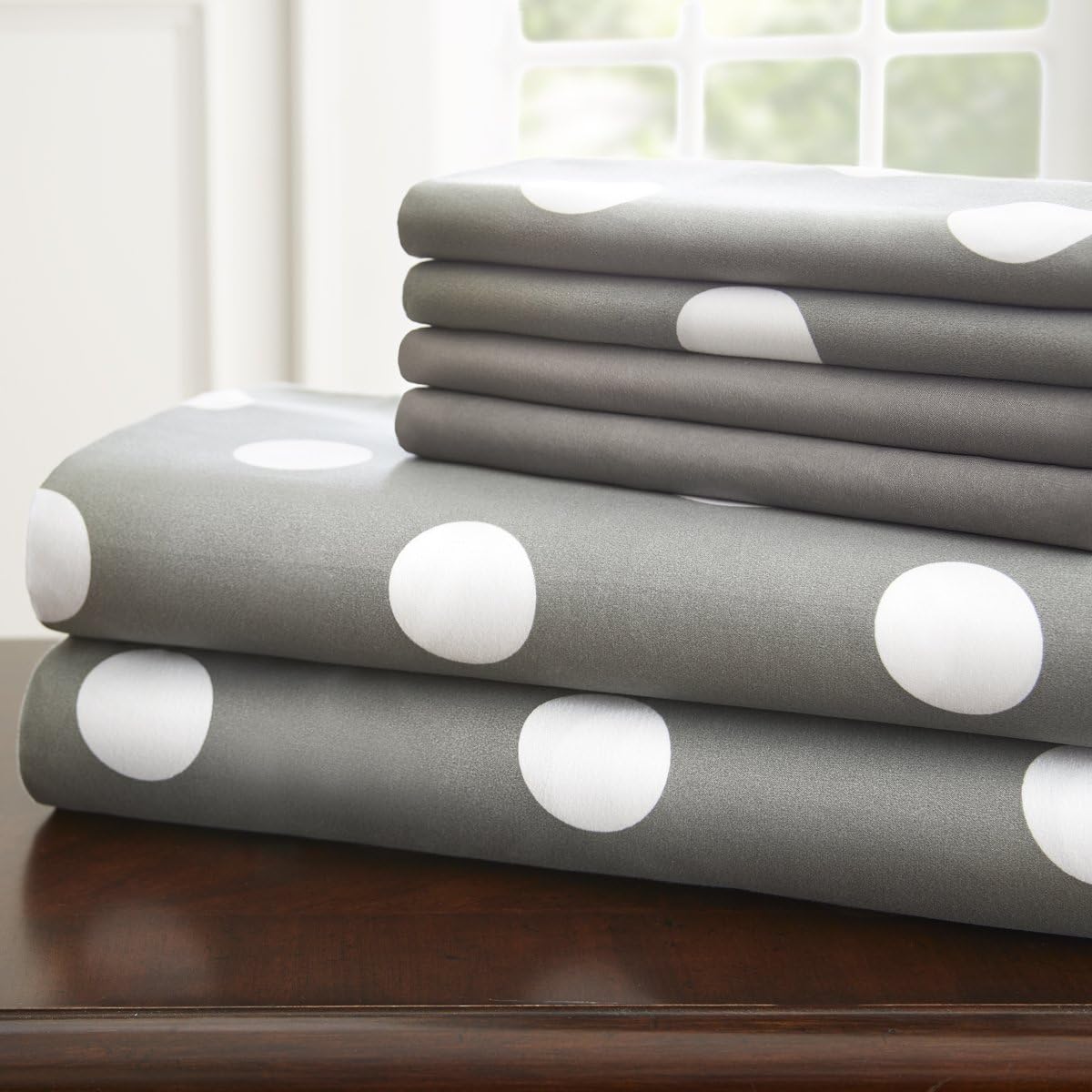 Spirit Linen Hotel 5th Ave 6 Piece Elegant Home Polka Dot Sheet Set, Queen, Grey