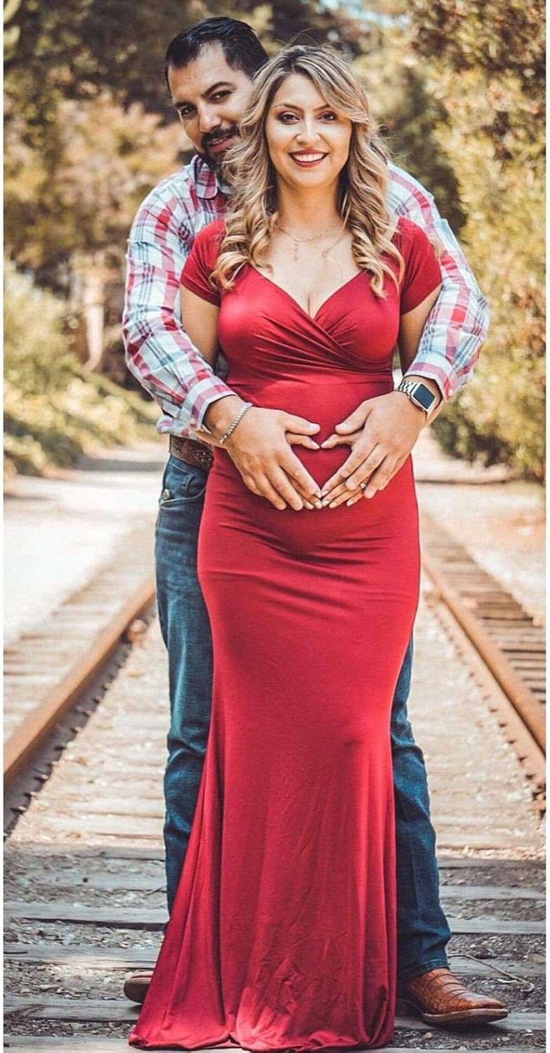 Molliya Maternity Long Dress Off Shoulder Elegant Fitted Gown Stretchy Maxi Photography Dress: Clothing