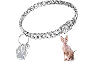 Hillban Cat Collar Diamond Chain Glitter Collar Walking Metal with Secure Buckle Cat Pet Necklace with Paw Charm and ID Tag Bell Link Cuban Jewelry Accessories(10 Inch,Silver)