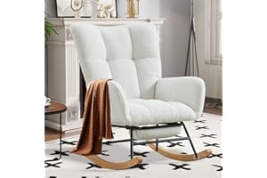 SENCHO GINSYTALIOR Rocking Chair Nursery with Foot Rest,Upholstered Glider Chair with High Backrest, Rocker Accent Armchair with Solid Wood Legs for Nursery Bedroom Living Room（Beige）