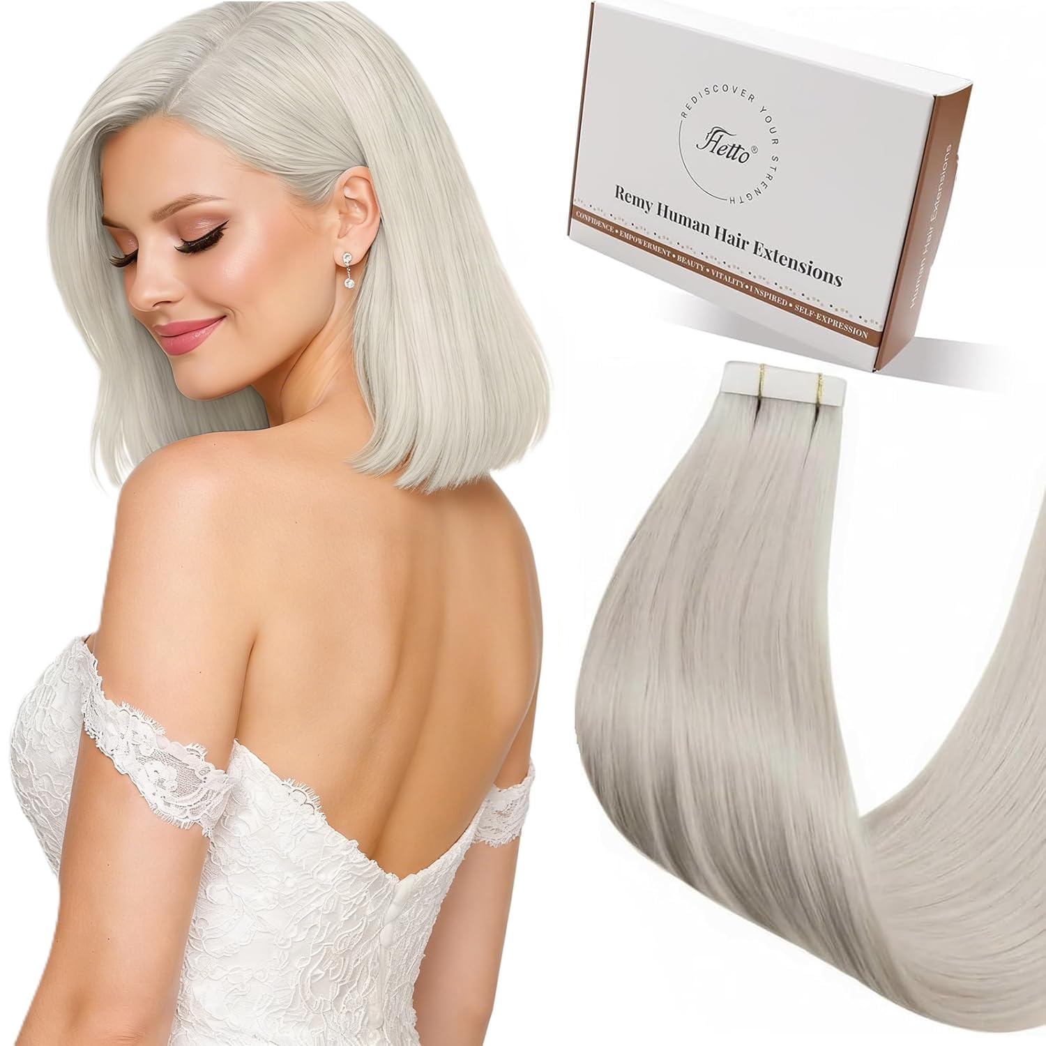 Hetto Tape in Hair Extensions Human Hair Platinum Blonde - Invisible Tape in Human Hair Extensions, Reusable Easy Wear Seamless Tape Ins 20pcs 40g 14 Inch #60 White Blonde