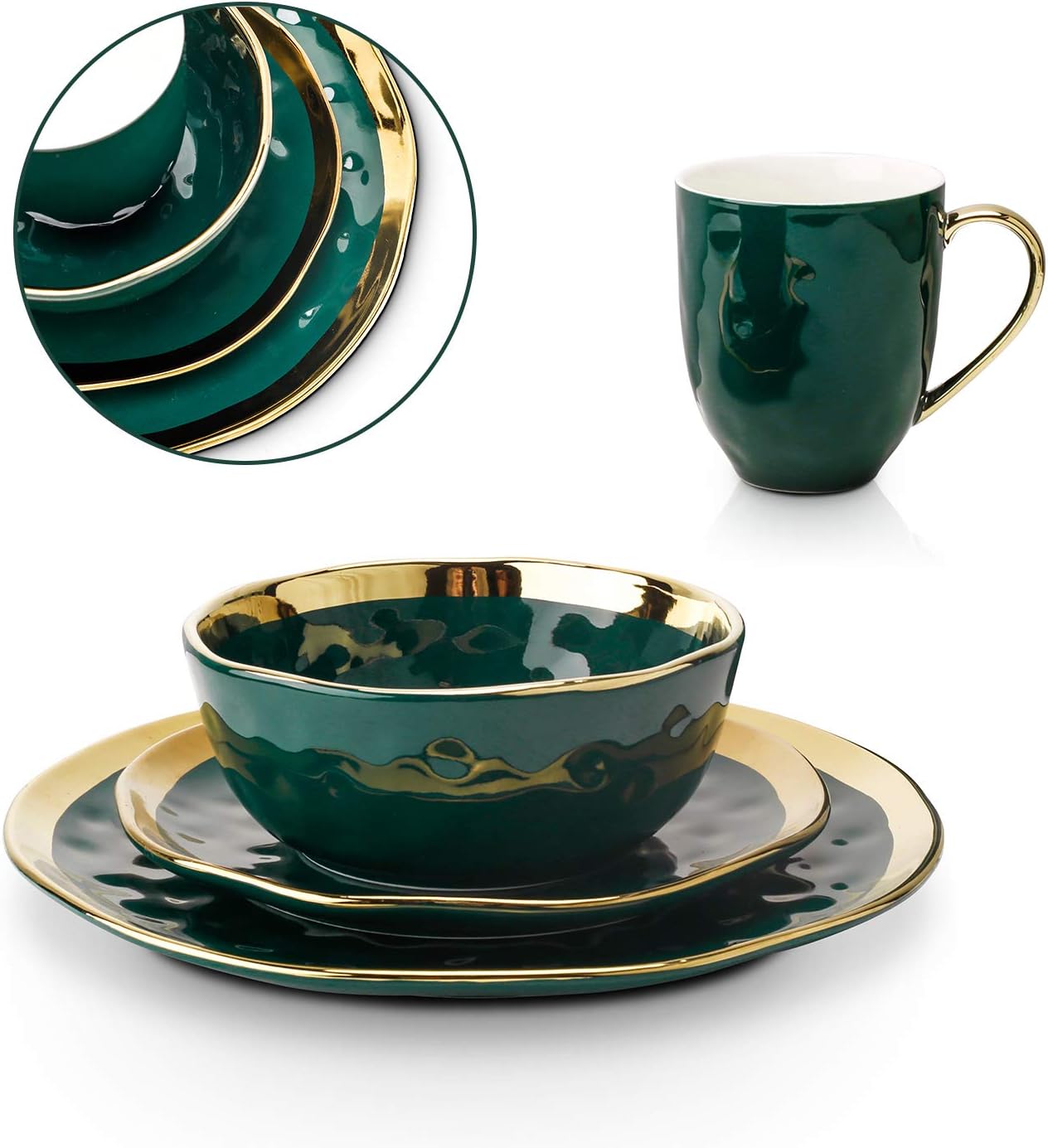  | Stone Lain Gold Halo Porcelain Dinnerware Set, Service For 4, Green: Dinnerware Sets