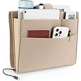 Seefoo Bedside Caddy, Large Bed Caddy Organizer with Cord Slit, Magazine Holder for Books, Remotes, Bunk Bed Storage Pocket with Strong-Grip Loop Tape Sticky for Dorm, Bedroom, Sofa Beige