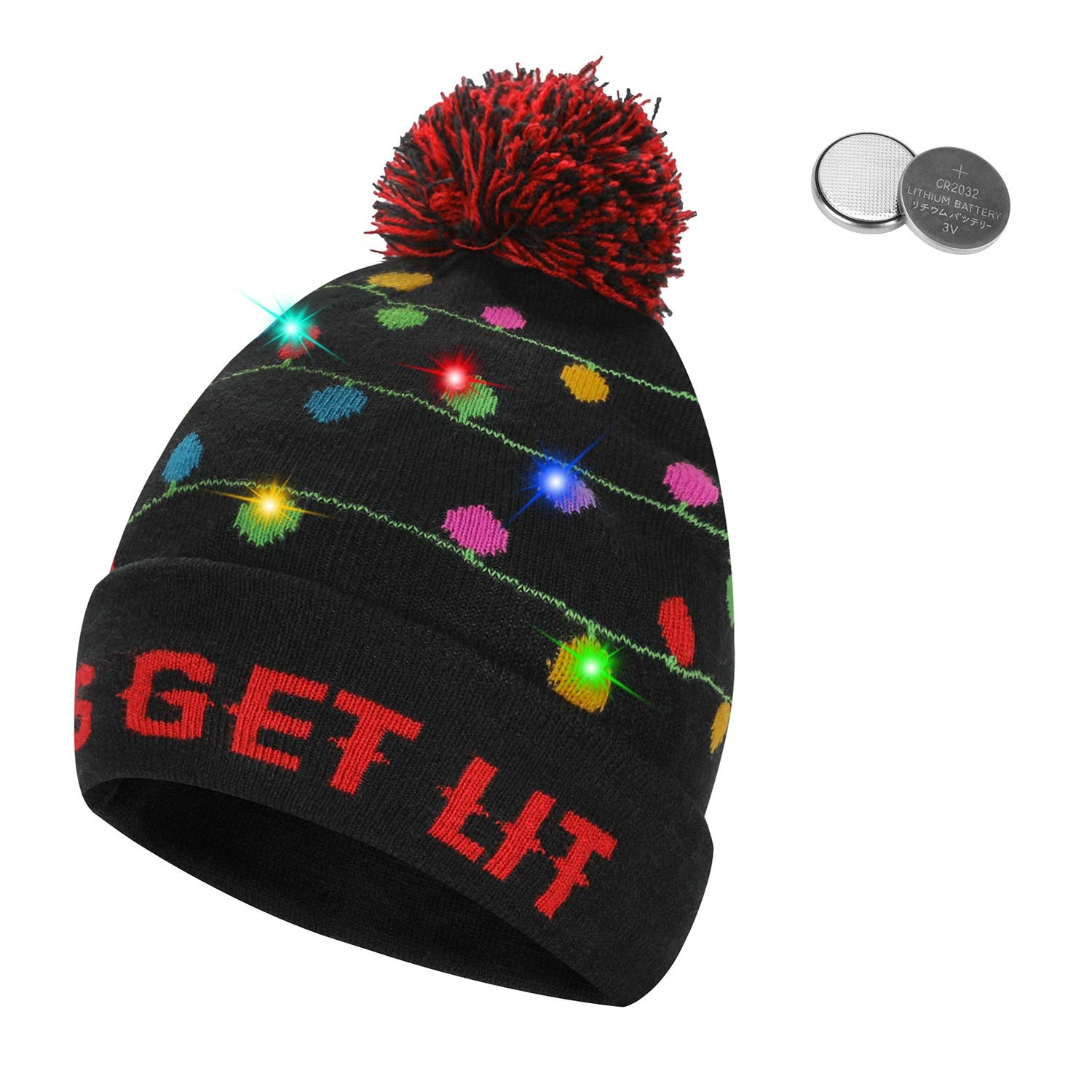 QKURT Stylish Unisex LED Light Up Beanie Hat Knit Cap, Colorful Xmas Christmas Beanie Cap for Ugly Christmas Sweater Party Holiday Party Favor Supplies Indoor and Outdoor Winter Snow Hat Multicolour