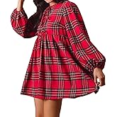TRURENDI Women Christmas Plaid Dress Long Sleeve Tie Front Round Neck Dress Ruffled Gingham A Line Mini Dress