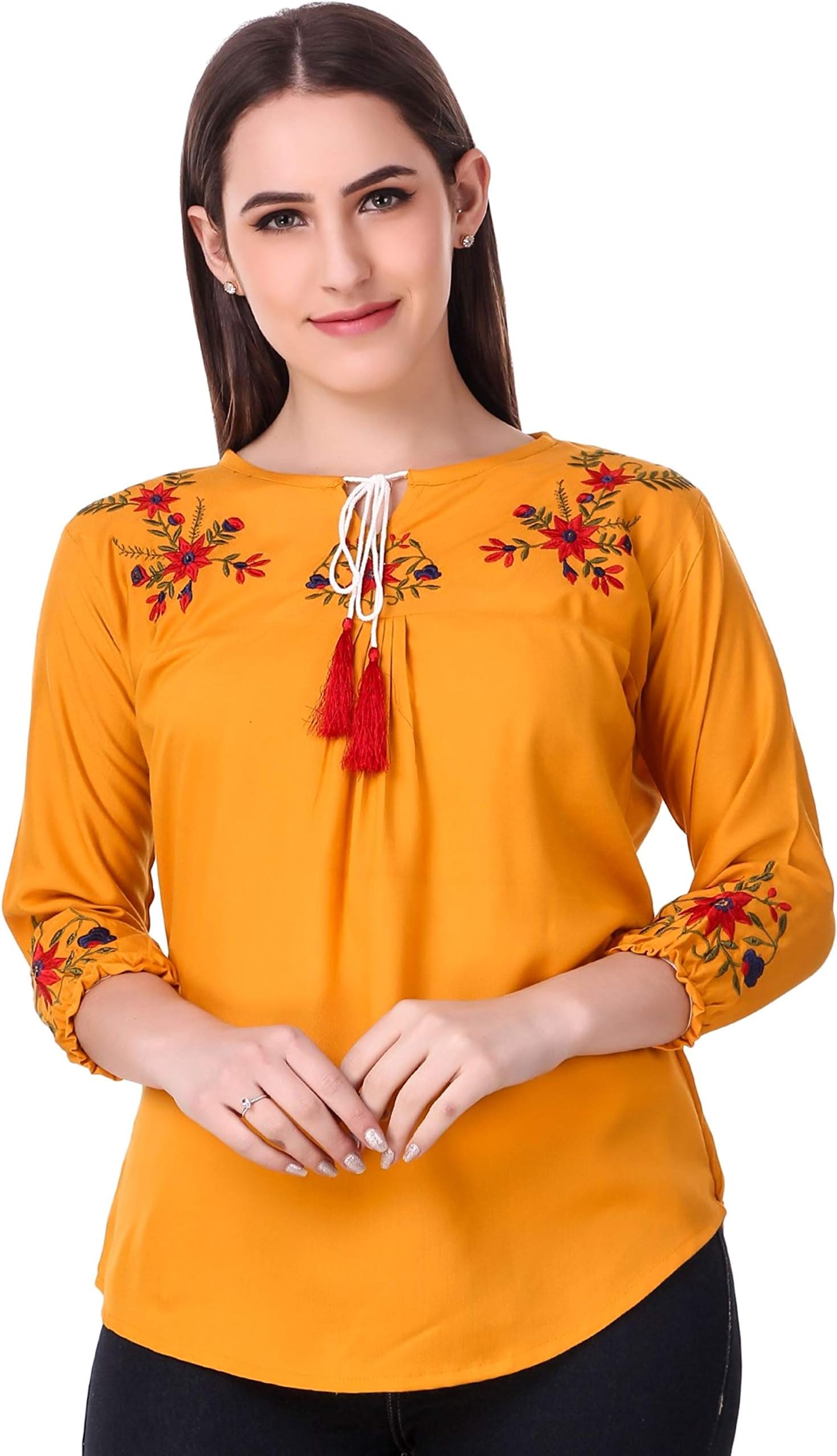 Elyraa Women's Embroidered Casual Western Regular fit 3/4th Sleeve Tops