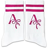 NQDWX White and Pink Striped Socks – Cute Personalized Alphabet Letter Crew Socks for Women, Soft Monogram Gift