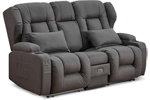 IPKIG 67" RV Loveseat Double Recliner Sofa with FILP Back Console, Storage Drawer, Side Pockets, Lychee Pattern Tech Fabric Manual Reclining Chair Home Theater Seating (Grey)