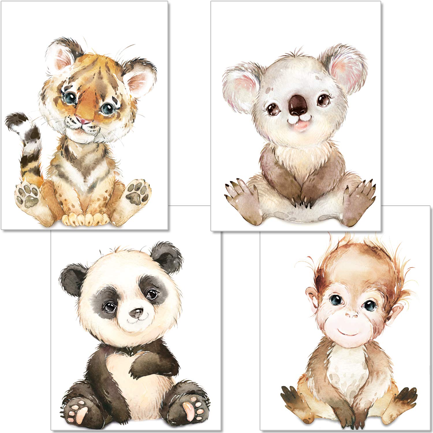 artpin® Set of 4 Posters Baby Room Decoration Boy Girl DIN A4 Pictures Children's Room Baby Jungle Animals Safari Africa Wall Pictures Monkey Tiger Koala Panda P66
