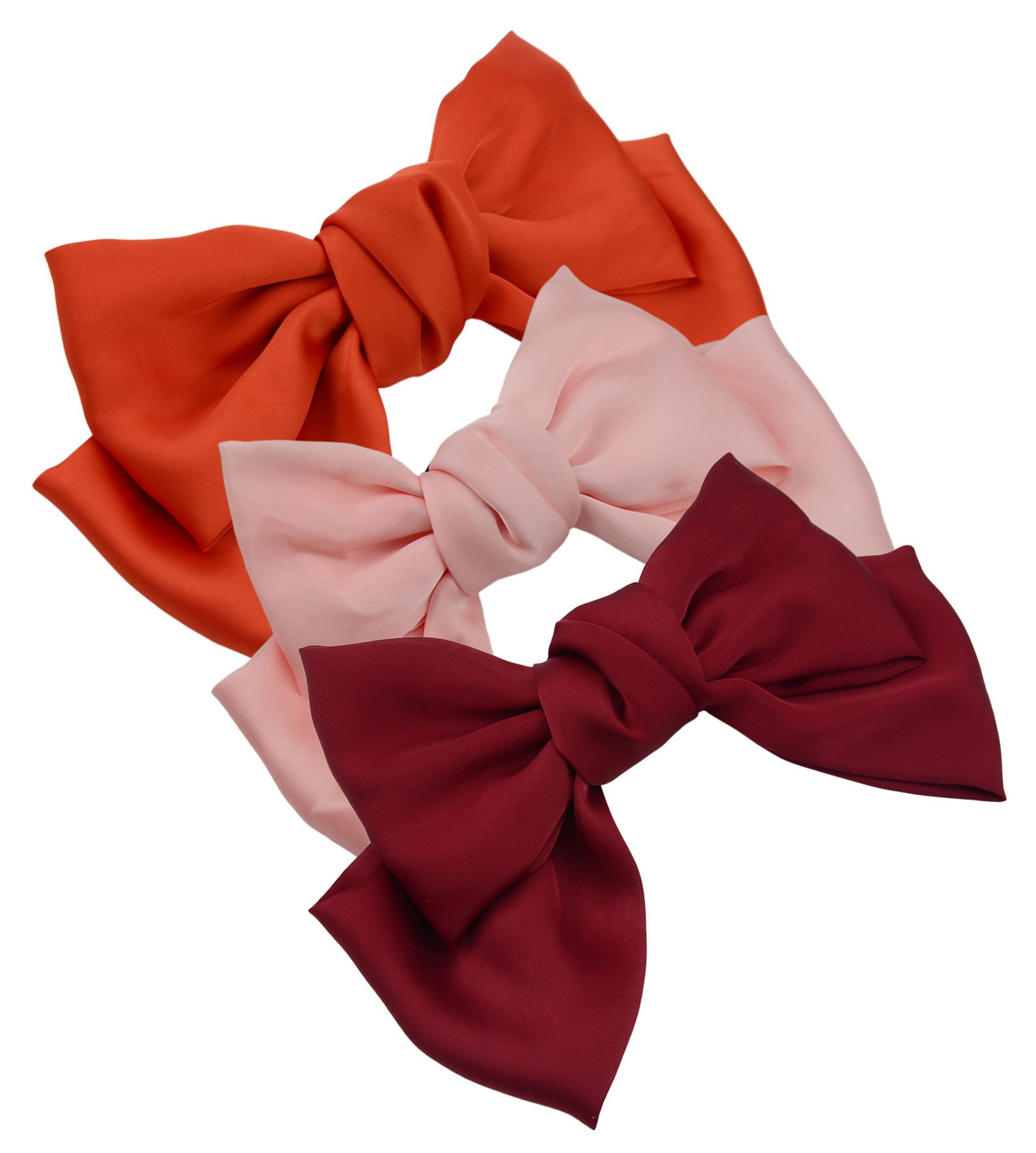 3-Pack Fashion Double-Deck Chiffon Large Solid Color Bowknot Hair Clip Women Girls Bow Clip Accessories HC2175 (Burgundy Orange and Pink)