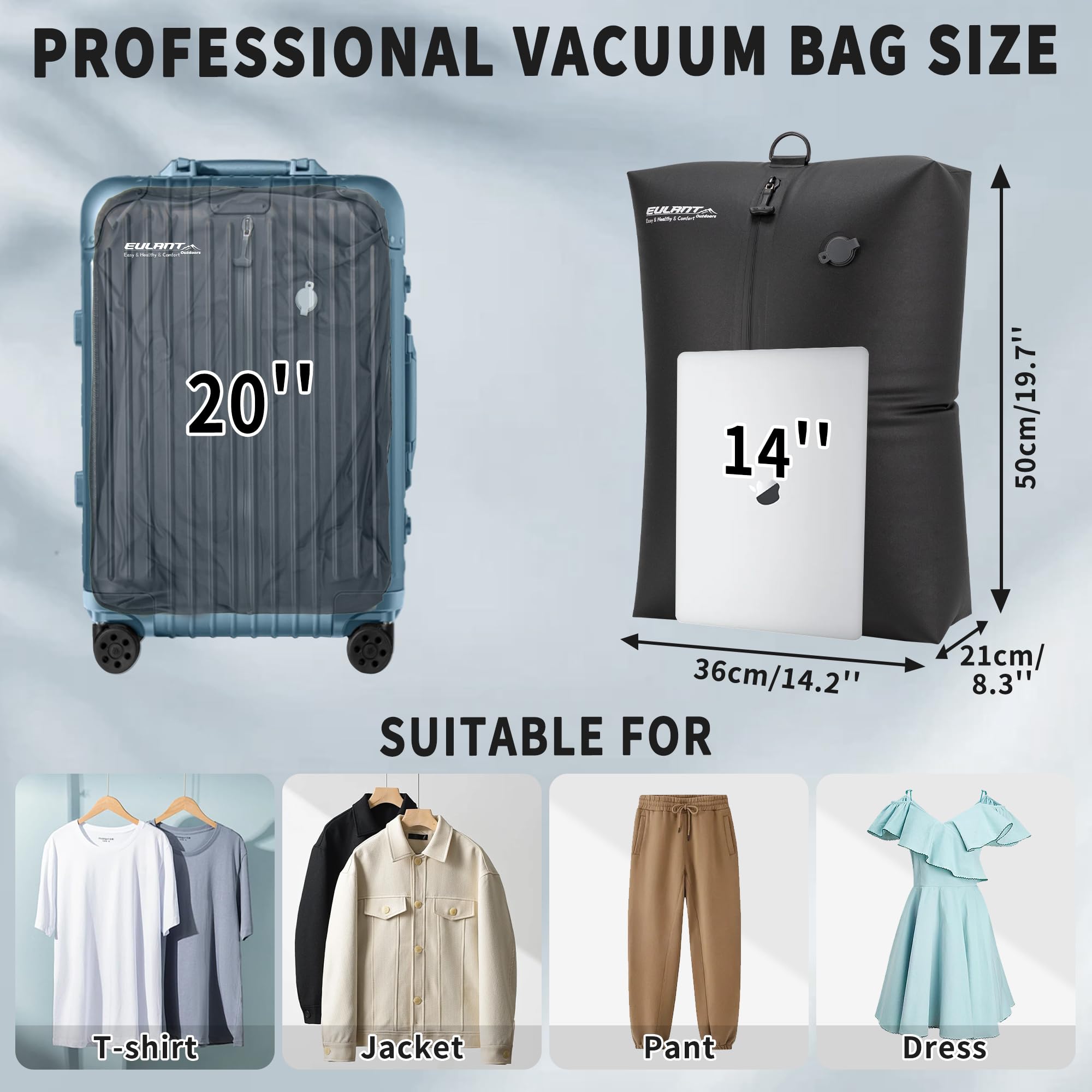 EULANT Wasserdicht Vakuumbeutel für Reisen mit Pumpe, Wiederverwendbare Kompressionsbeutel für Koffer/Gepäck/Rucksack, Vakuumversiegelungsbeutel mit IPX8 Luftdichtem Reißverschluss, Schwarz*2 6