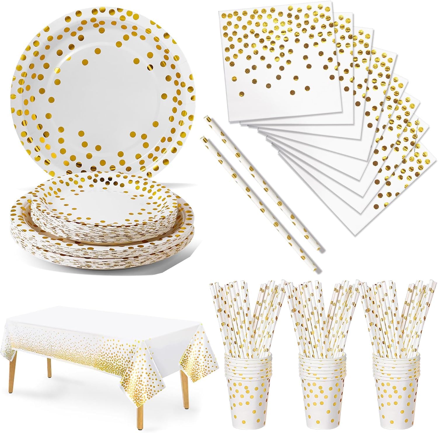 Nkaiso Party Tableware 126 Piece White Gold Paper Tableware Set Includes Birthday Paper Plates Napkins Cups Straws for Wedding Shower Engagement Wedding Birthday-25 Guests