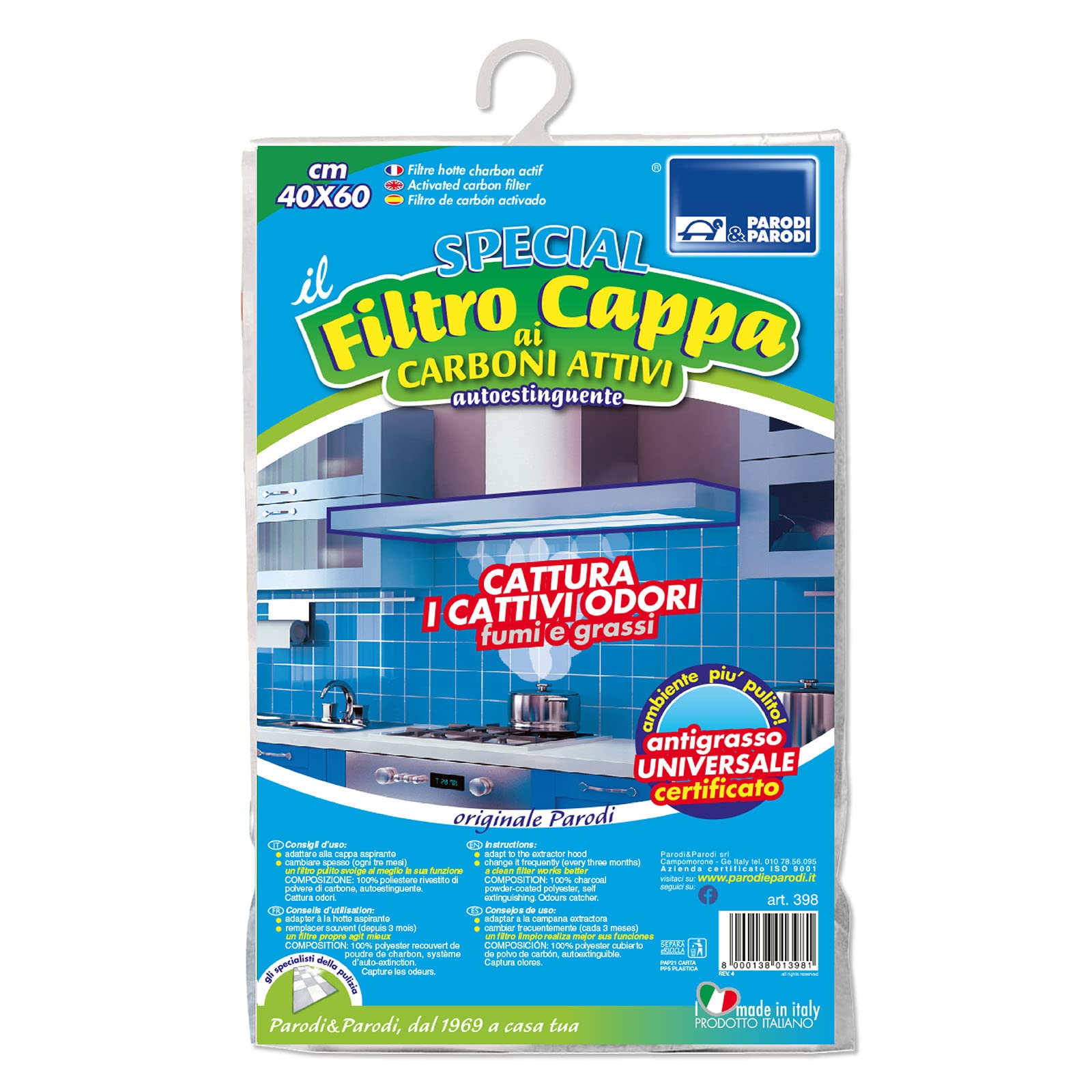 PARODI & PARODI - Self-extinguishing Activated Carbon Cooker Hood Filter, 1 Piece, Filters Absorb Smoke, Grease, Vapour and Bad Odors Can Be Cut to Size and Universal for Every Cooker Hood, Kitchen