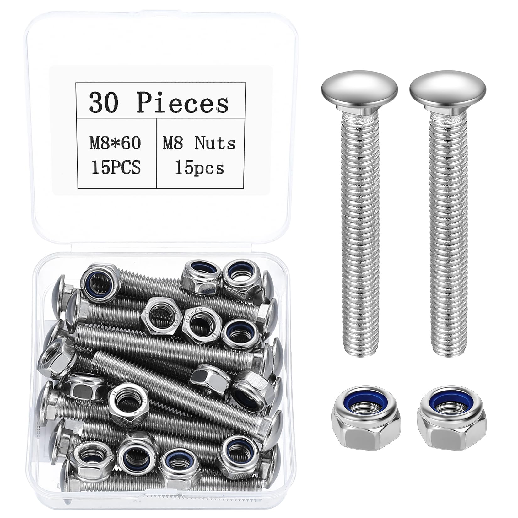 M8 Coach Bolts, 30 Pcs Cup Square Carriage Bolts and Nuts Set, M8 x 60mm Long Coach Screws with Hex Nuts, Carbon Steel