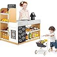Costzon Grocery Store Pretend Play, Wooden Play Store with Shopping Cart, Toddler Supermarket Playset w/Chalkboards, Refrigerator, Display Shelves, Kids Grocery Store Playset, Gift for Boys Girls 3+