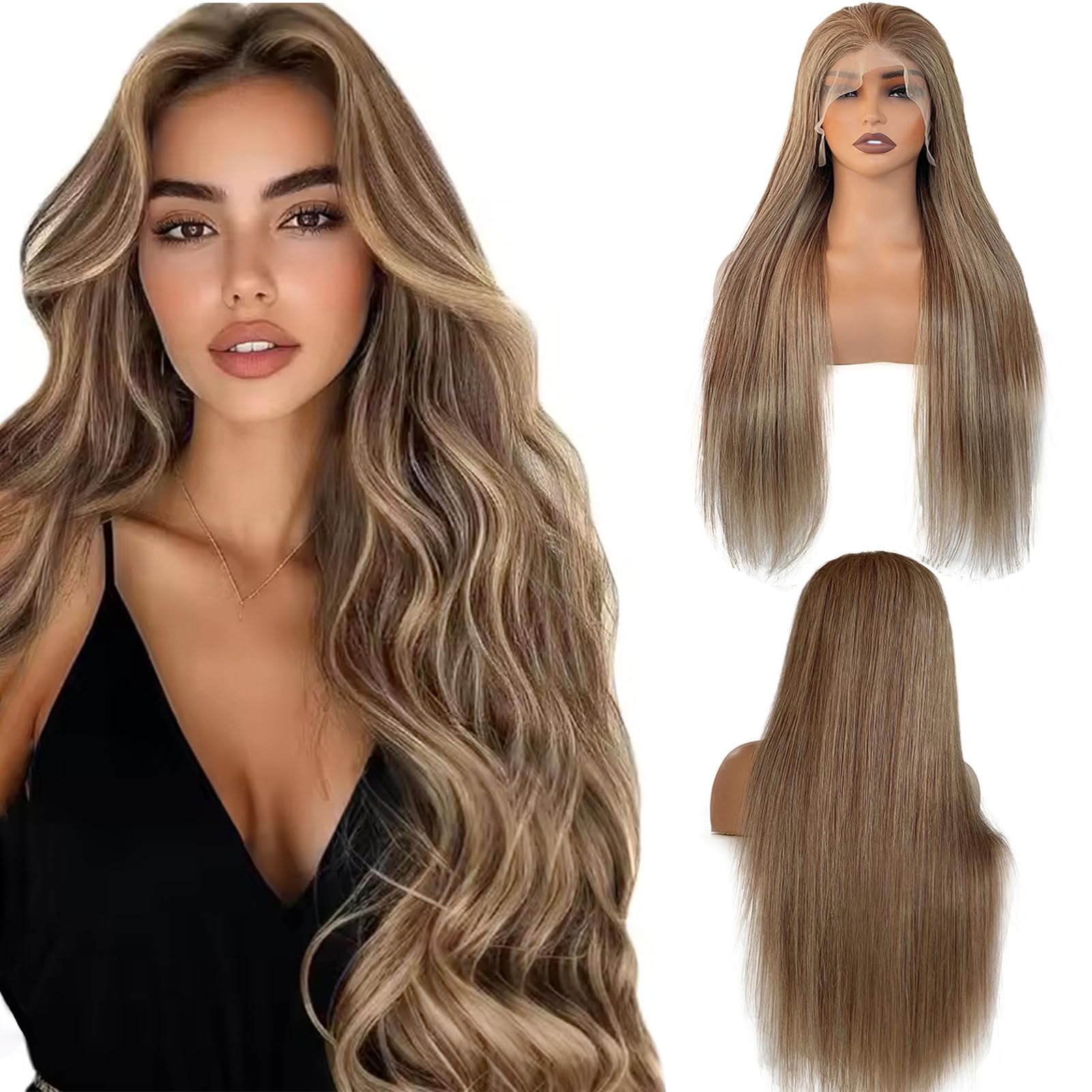 Photo 1 of Munx Upgrade-Lace Front Wig Human Hair Ombre Highlight 13x6 HD Transparent Straight Lace Front Wigs Human Hair Pre Plucked Golden Brown to Blonde Glueless Wig for Women Bleached Knots 28”