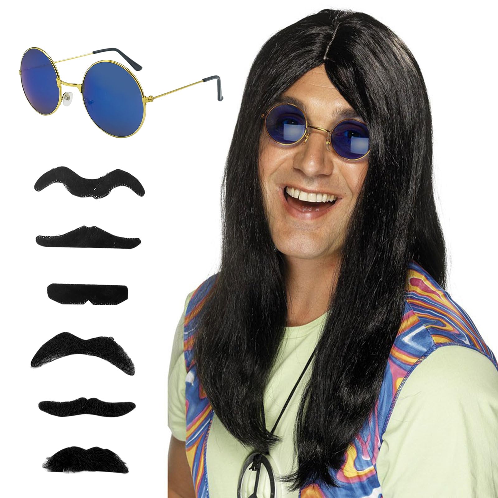 SKHAOVS 3 Pcs Hippie Costume Set - Black Long Straight Wig, Fake Beard, Sunglasses - Mens Wig for 50/60/70s Theme Party, Fancy Dress Costume Accessories for Party Carnivals, Halloween
