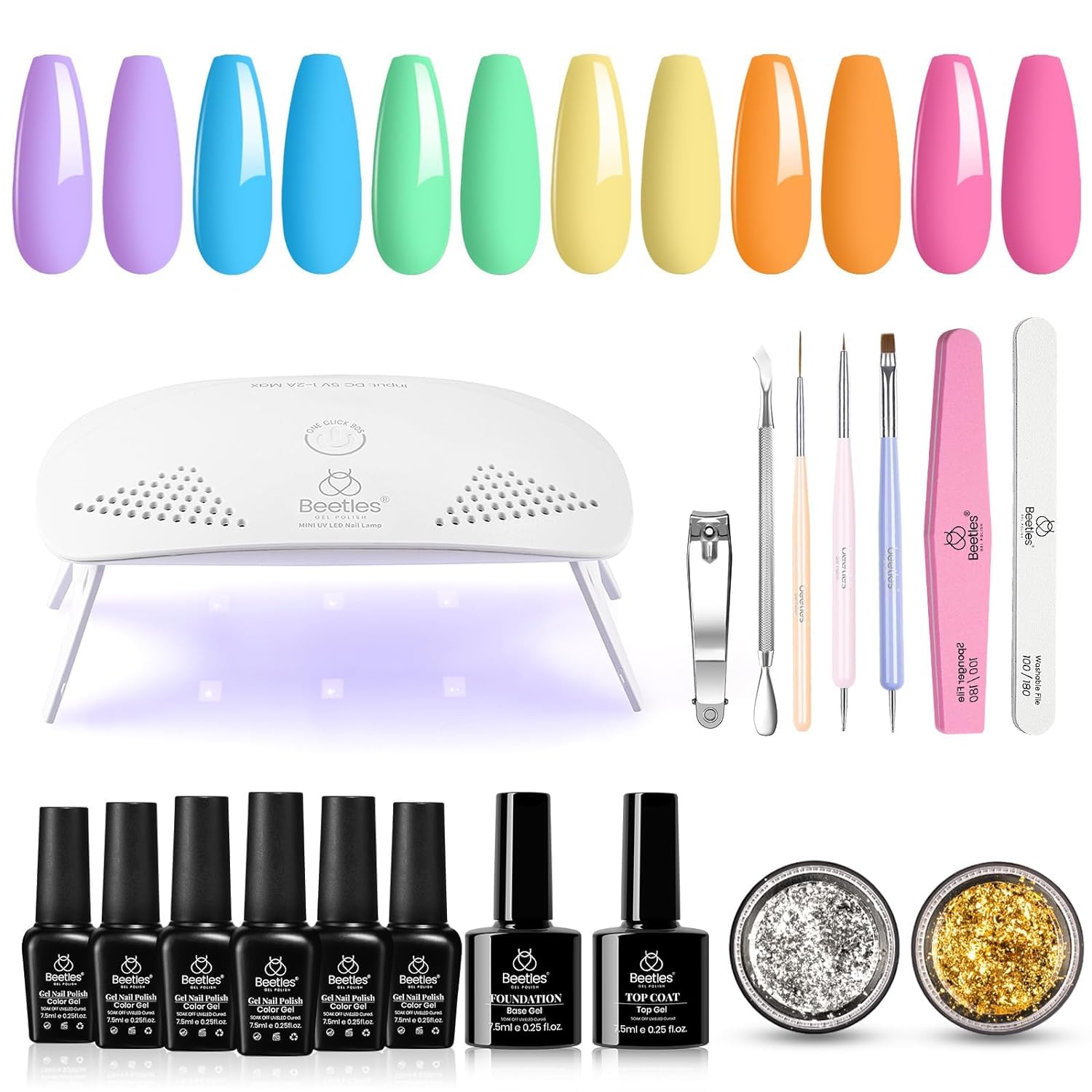 Beetles Gel Polish Kit - Rainbow Sprinkles Collection Pastel Gel Polish Set - UV LED Nail Lamp - Base & Top Coat - Nail Art