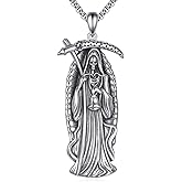 SHEAISRS Santa Muerte Necklace Men 925 Sterling Silver Holy Saint Death Santa Muerte Skull Charm Pendant Muerte Religious Protector Amulet Jewelry Halloween