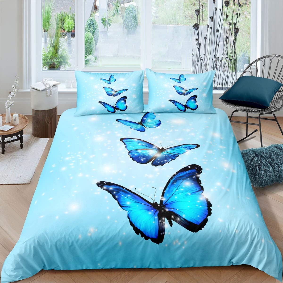 Butterfly Bedding Set Blue Butterflies Comforter Cover for Kids Boys Girls Women Flying Butterfly Duvet Cover 3D Animal Bedding & Linen Room Decor 2Pcs With 1 Pillow Case Single — image 1