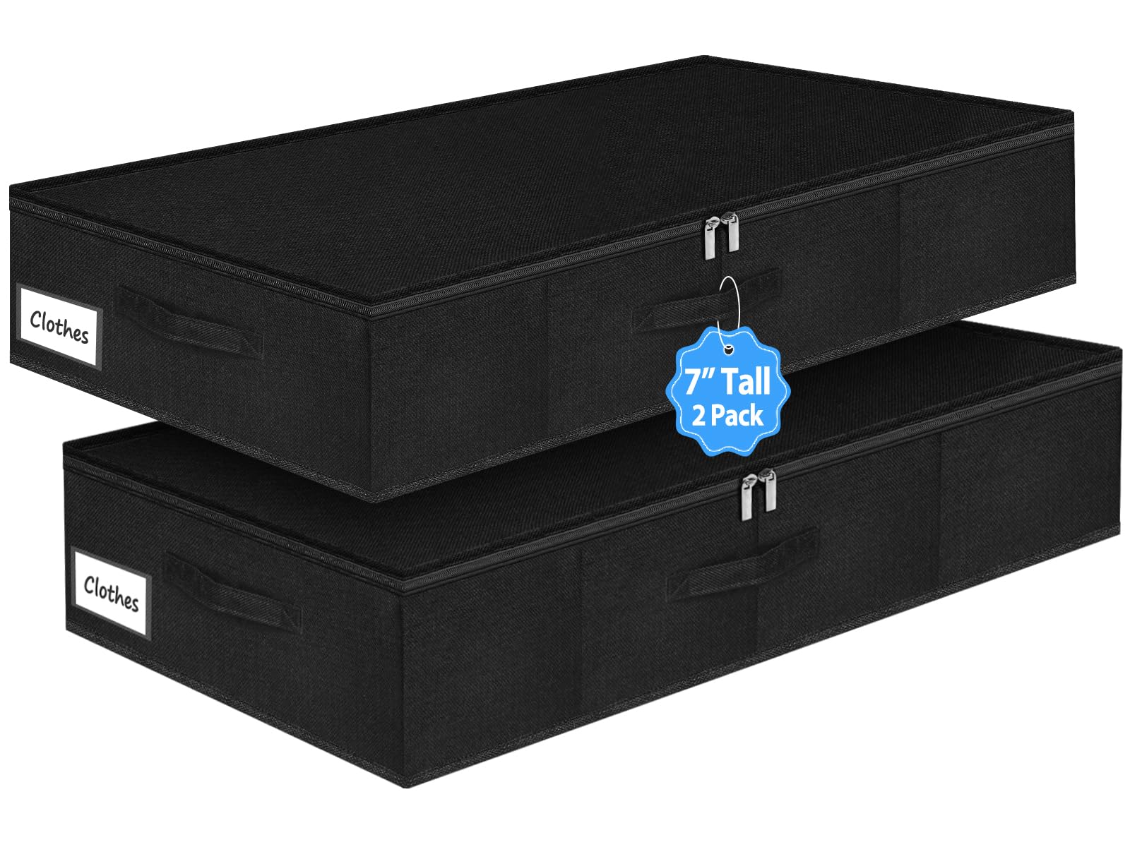 boailydi 6.7-Inch Tall Under Bed Storage Bin with Zipper, Underbed Storage Container w/Rigid Sides & Bottom, Large Clothes Organizer Box for Bedroom, Dorm, Couch, Dressers, 30x15x6.7 Inches, Black