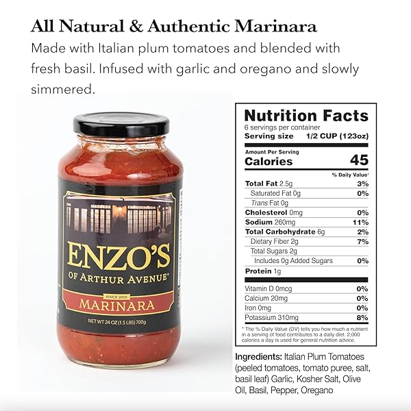 ENZO’S OF ARTHUR AVENUE AUTHENTIC TOMATO SAUCE, AUTHENTIC HOMEMADE ITALIAN CUISINE, MARINARA SAUCE, 1 PACK, 24 OZ