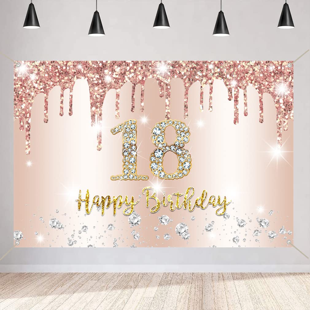 18th Birthday Decorations for Girl, Happy 18th Birthday Backdrop Banner, 18 Years Old Fabric Sign Poster Party Deco Supplies Rosegold Photo Background, 150cm x 90cm