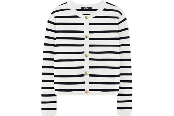 LILLUSORY Women's Crew Neck Gold Buttons Cardigan Sweaters Lady Jacket with Patch Pockets