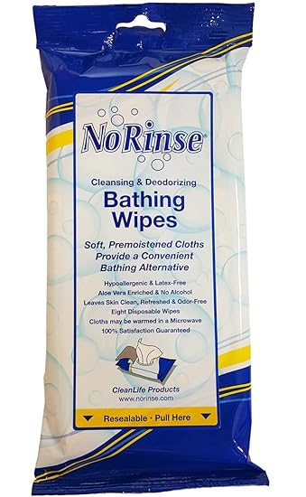 No Rinse Bathing Wipes, Microwaveable Hypoallergenic and Latex-Free (8 Wipes)