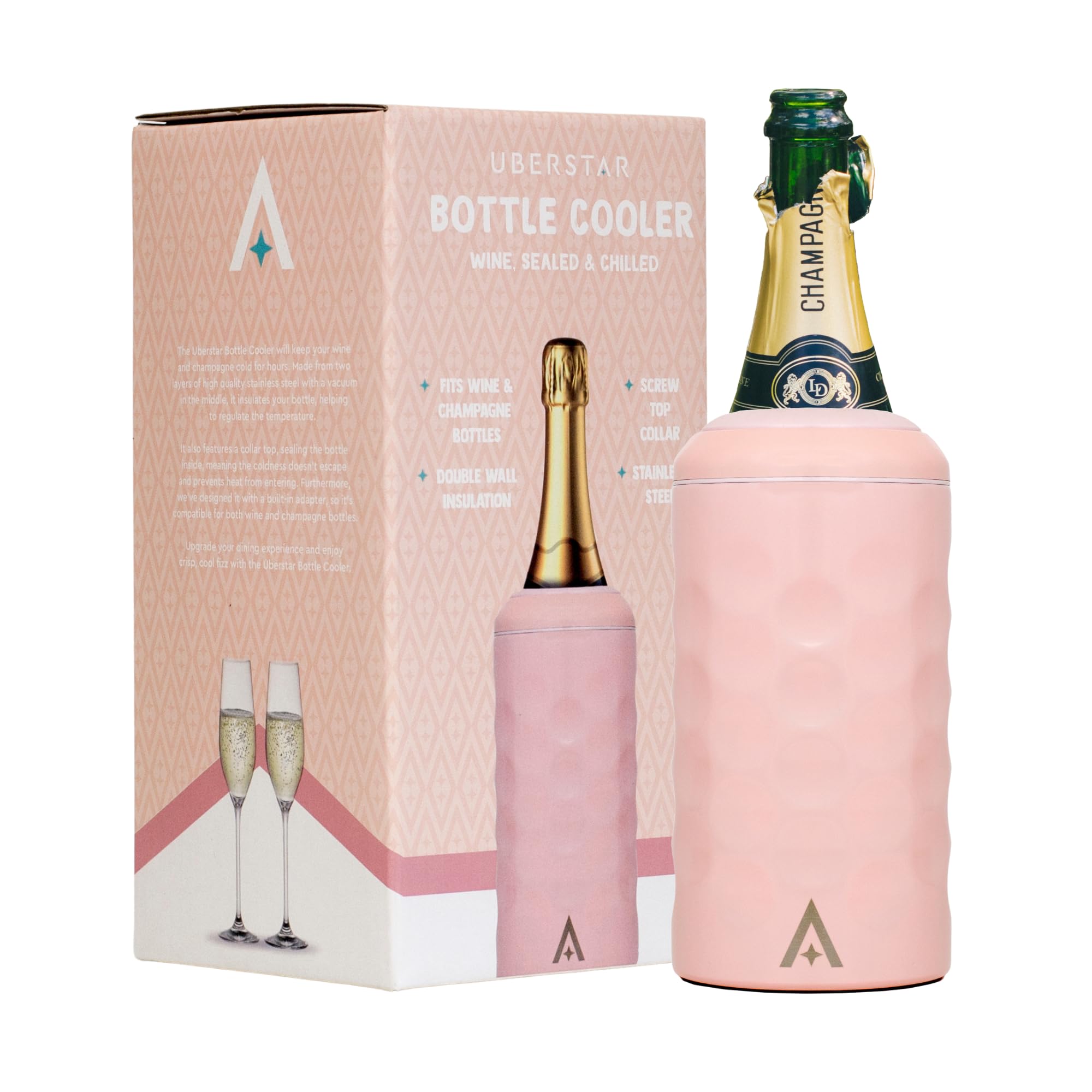Wine Cooler Chiller Pink/Double Wall Stainless Steel Vacuum Seal/Gift for Wine Prosecco and Champagne/Cold for Hours