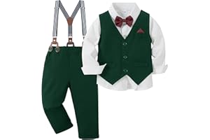 CARETOO Toddler Baby Boy Clothes Suit 5Pcs Gentleman Wedding Outfit Dress Shirt+Vest+Bow Tie+Suspender Pant Formal Set 12M-5T