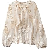 GORGLITTER Women's Plus Size Peasant Blouses Boho Floral Embroidered Tops Sheer Tie Front Long Sleeve Button Up Shirts