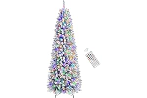 SHareconn 7ft Prelit Snow Flocked Artificial Hinged Pencil Christmas Tree, with Upgrade Remote Controlled Multi-Color RGB Lig