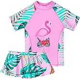 BAOHULU Girls Two Piece Swimsuits Rash Guard Ruffle Bikini Skirt Short Sleeves Beach Dress Swimwear UPF 50+ 3-12Y