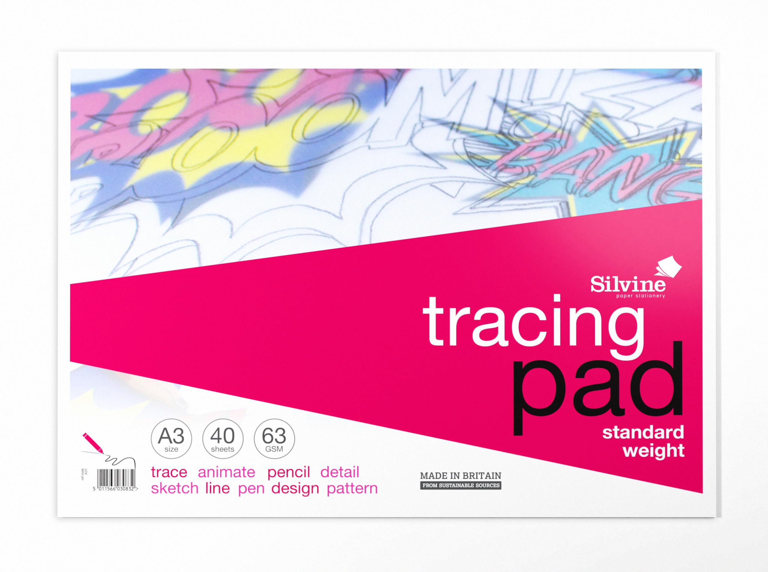 Silvine A3 Everyday Tracing Pad. 40 Sheets of Quality Lightweight Tracing Paper (63gsm) Ref A3T