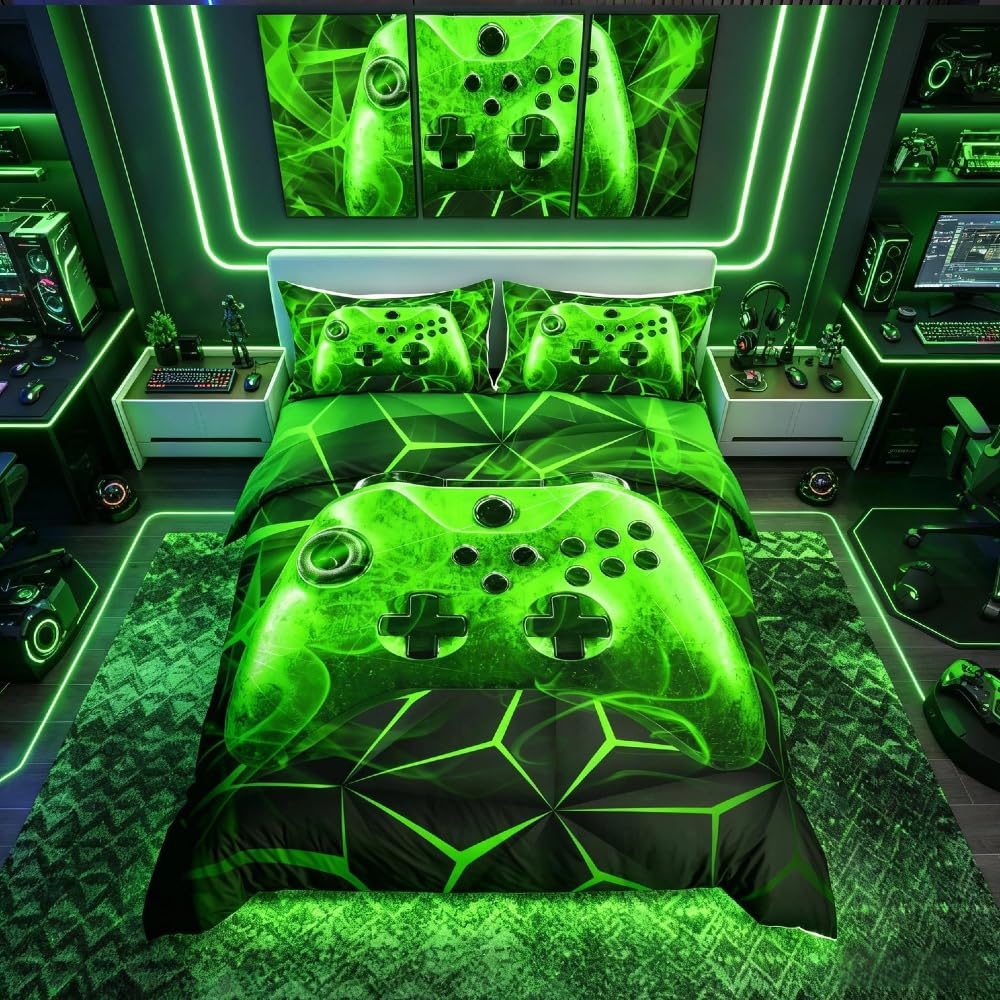 Loussiesd Gamer Bedding Set Kids Gaming Duvet Cover Set Boys Teens Video Game Comforter Cover Smoky Style Bedspread Cover Green Bedroom Decor Quilt Cover with 1 Pillow Case Zipper Single