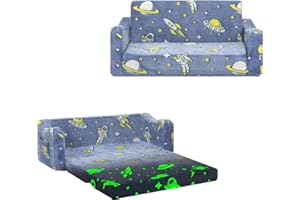 alldomess Kids Couch Extra Large,Glow in The Dark 2-in-1 Folding Kids Sofa Bed for Boys,2 Seats Convertible Sleeper Lounger Toddler Couch for Children Bedroom Playroom Nursery,Astronaut