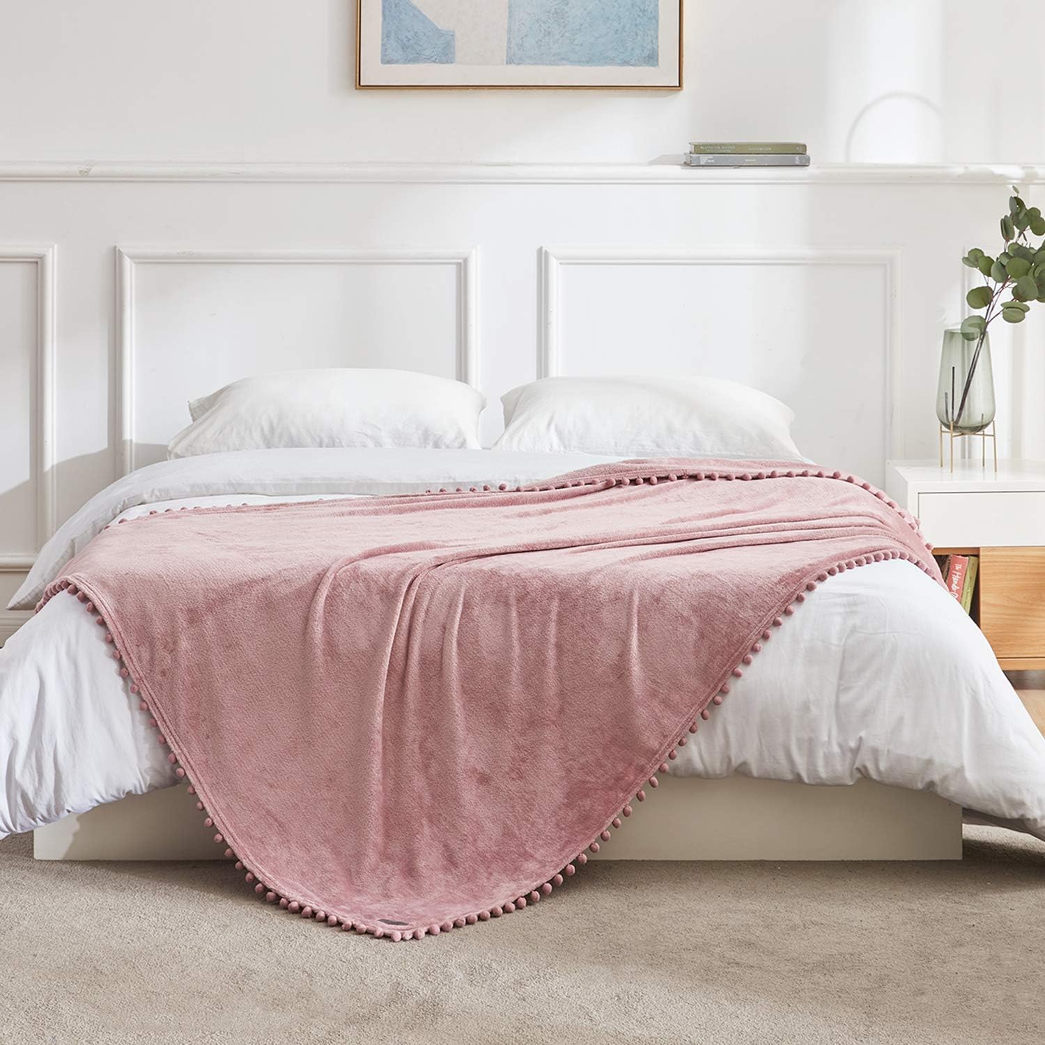 BEAUTEX Fleece Throw Blanket with Pompom Fringe, Dustypink Flannel Blankets and Throws for Couch, Super Soft Cozy Lightweight Plush Throw Blanket (50" x 60"): Home & Kitchen
