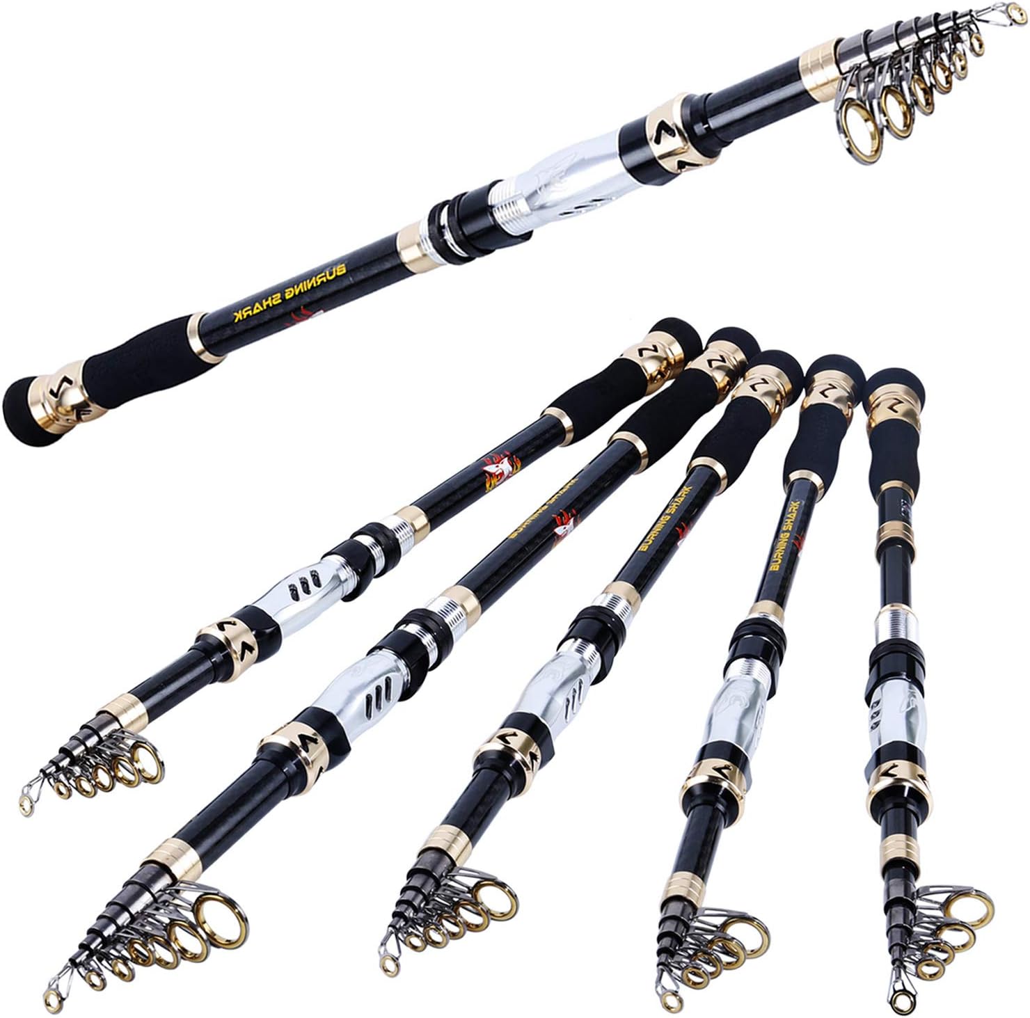 Burning Shark Fishing Rods, 24-Ton Ultra Lightweight Carbon Fiber Telescopic Fishing Rod, Stainless Steel Guides, Lengthened Hollow Handle,Travel Fishing Rod for Bass, Trout